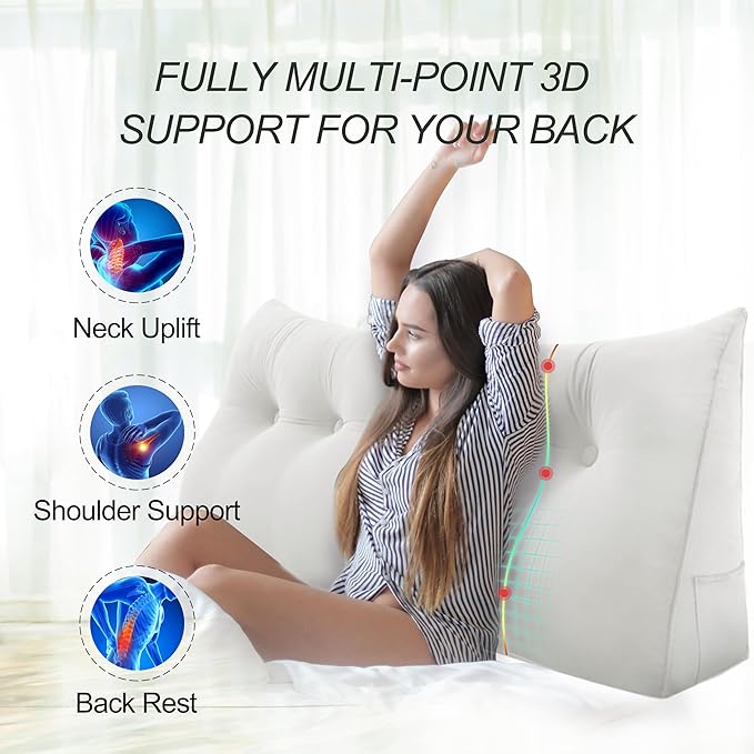 WOWMAX 100% Cotton Velvet Headboard Pillow – Queen Size Wedge Back Support Reading Bolster for Bed & Daybed, Handmade Firm Support Cushion with Removable Cover, Soft Luxury Bed Rest Pillow, White