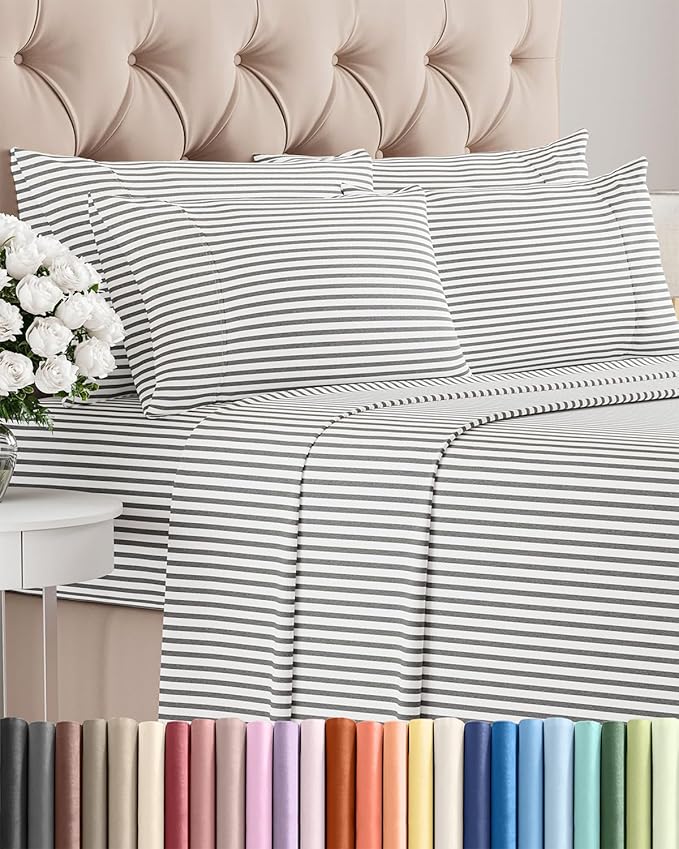 Queen 6 Piece Sheet Set - Comfy Breathable & Cooling - Soft Hotel Luxury Bedding Set with 8-16 Inch Deep Pockets - 1 Flat & 1 Fitted Sheet & 4 Pillowcases - Wrinkle Free & Easy Care - Grey Stripes 2