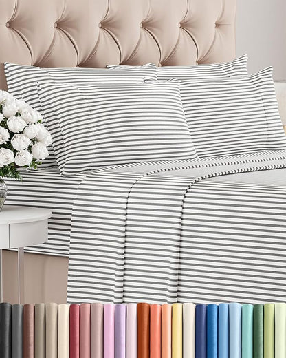 Queen 6 Piece Sheet Set - Comfy Breathable & Cooling - Soft Hotel Luxury Bedding Set with 8-16 Inch Deep Pockets - 1 Flat & 1 Fitted Sheet & 4 Pillowcases - Wrinkle Free & Easy Care - Grey Stripes 2