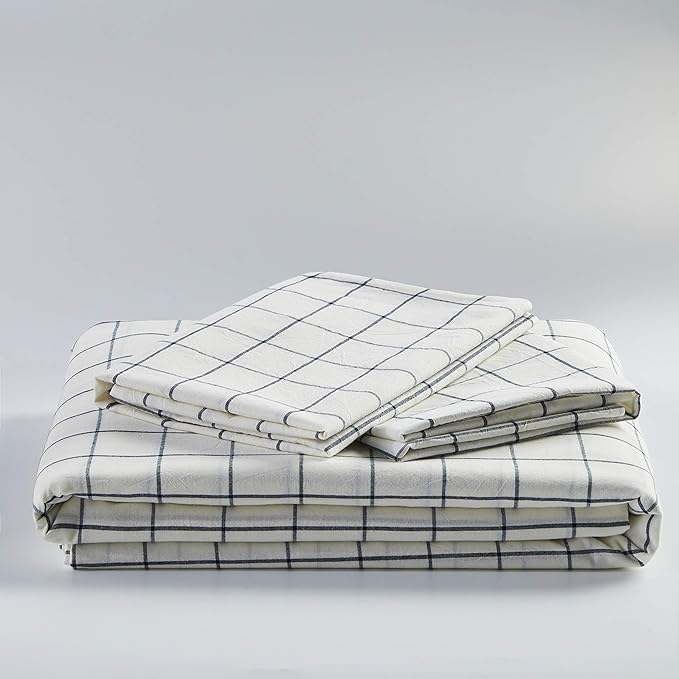 JELLYMONI Cotton Duvet Cover Full Size - White Grid Plaid Comforter Cover with Button 100% Washed Cotton 3PCS Breathable Soft Bedding Set Duvet Cover 80×90in & 2 Pillowcases (NO Comforter)