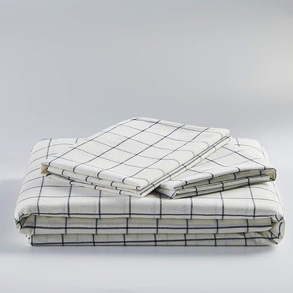 JELLYMONI Cotton Duvet Cover Queen Size - White Grid Plaid Comforter Cover with Button 100% Washed Cotton 3PCS Breathable Soft Bedding Set Duvet Cover 90×90in & 2 Pillowcases (NO Comforter)