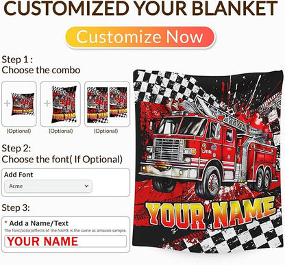 Personalized Blanket for Boys, Fire Truck Throw Blanket Gifts for Kids Boys Age 10-12, 50"x60" Cool Custom Flannel Blankets Gift for Son Cars Lovers Lightweight Throws for Couch Sofa Bed Decor