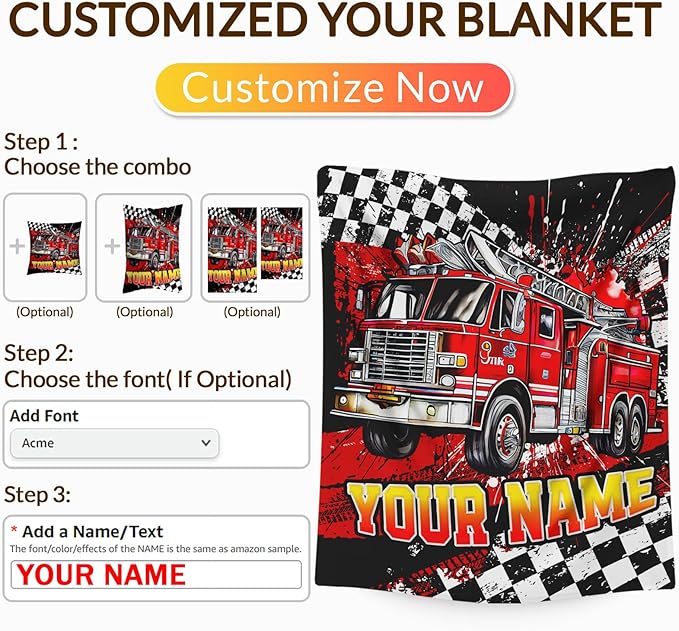 Blanket for Boys, Personalized Fire Truck Throw Blanket Gifts for Kids Boys Age 6-8, 40"x50" Cute Custom Flannel Blankets Gift for Son Cars Lovers Lightweight Throws for Couch Sofa Bed Decor