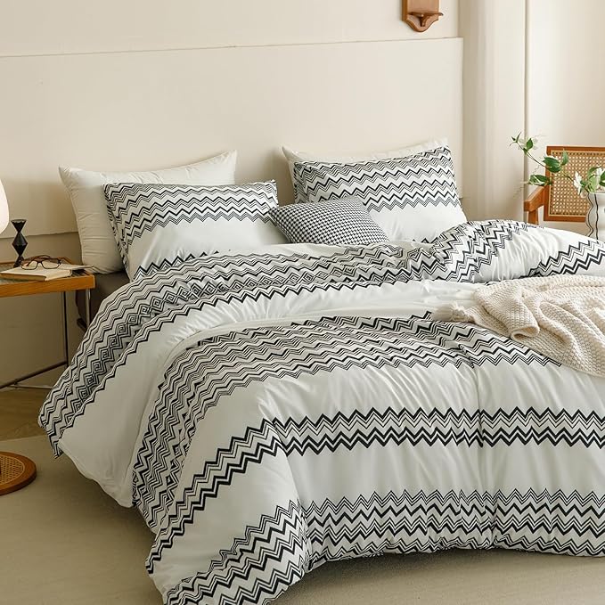 Wellboo Boho Black Striped Comforter Set California King Aztec Southwest Bedding Set Cal King Bohemian White Black Geometric Quilt Farmhouse Striped Aztec Folkloric Blankets White and Black Wavy Bed