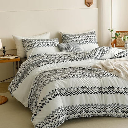 Wellboo Boho Black Striped Comforter Set Twin Aztec Southwest Bedding Set Women Men Bohemian White Black Geometric Quilt Farmhouse Striped Aztec Folkloric Blankets White and Black Wavy Art Comforters