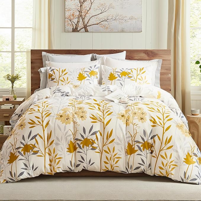100% Cotton Duvet Cover Set Queen Size, Yellow Floral Bedding Set 3 Pcs Reversible Lightweight Comforter Cover for All Season(Queen, Yellow Botanical)