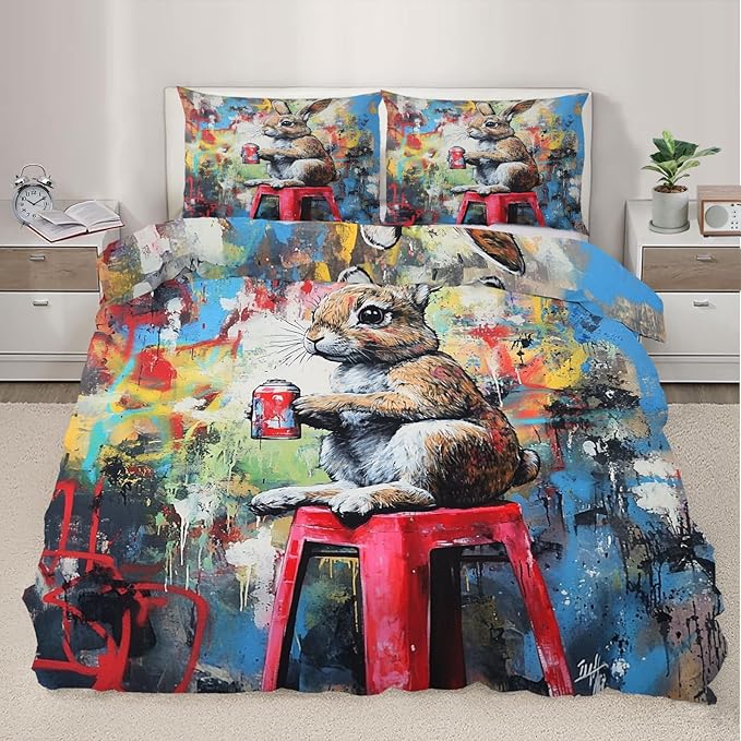 Rabbit Duvet Cover Full Size, Street Graffiti Rabbit Bedding Set 3 Piece Bedroom Decor Fun Animal Comforter Cover with Zipper Ties & 2 Pillowcases