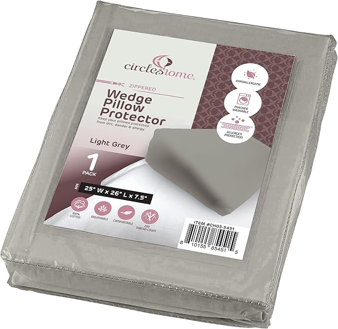CirclesHome Wedge Pillow Cover 100% Cotton, Zippered Wedge Pillow Case Protector, Soft, Hypoallergenic & Breathable -, Light Grey, (25Wx26Lx7.5)