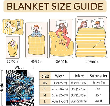 Boys Blanket Gifts Personalized Truck Blankets for Kids Toddlers Boys - 30" x 40" Custom Name Cute Car Themed Soft Lightweight Flannel Throws for Couch, Sofa, Bed, Office, Travel (Blue)