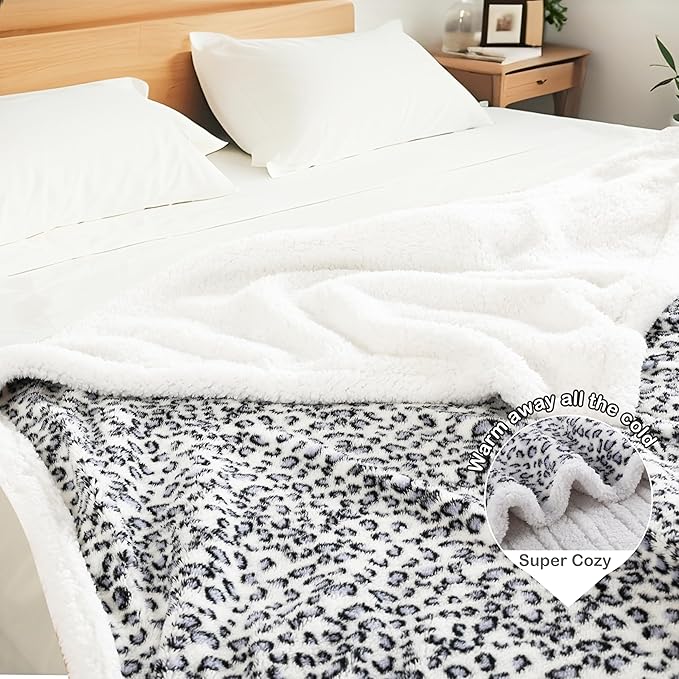 Electric Heated Blanket Throw 50"×60" with 6 Heating Levels &3 Hours Auto Off, Heating Double Sided Plush Sherpa, Fast Heating, Machine Washable Leopard Print Blue & White