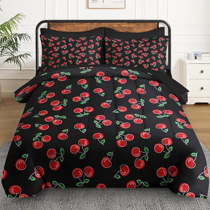 Nesker 7 Pcs Comforter Set Queen Size, Red and Black Bedding for Kids Teen, Cherry Fruit Bed Sheet with Pillowcase & Sham