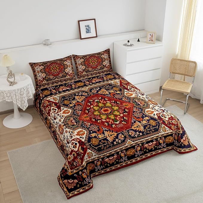 Boho Floral Comforter Set King Size,Vintage Geometric Flowers Pattern Bedding Set 3pcs for Adult Woman Room Decor,Aztec Tribal Colorful Quilt Set Exotic Retro Duvet Insert,2 Pillowcases,Brown