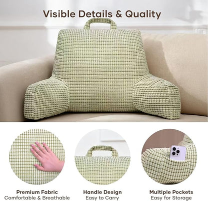 NOONTIDE Reading Pillow with Top Handle,Uniquely Designed Soft Fabric, Ergonomic Back Support for Bed,Cover Washable Sit up Pillow,Watching TV/Gaming/Relaxing(Green)