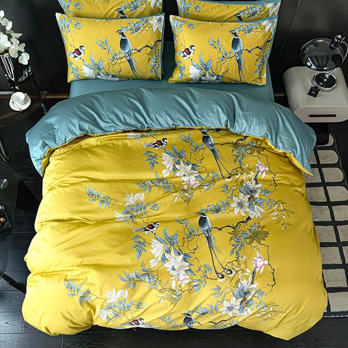 Floral Queen Duvet Cover 100% Soft Cotton 3 Piece Chic Birds Queen Flower Bedding Set Yellow Garden Tree Branches Flowers Birds Print Pattern Reversible Duvet Cover Floral with Zipper Closure