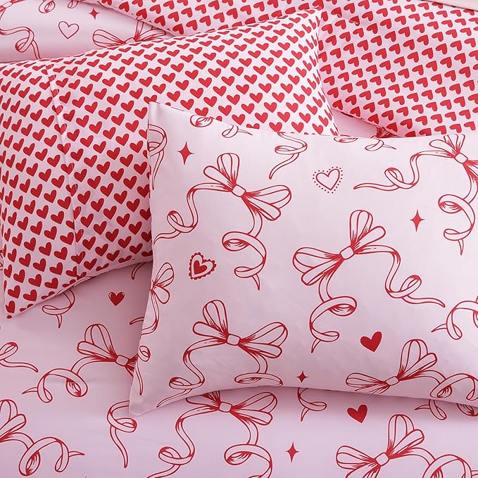 Queen Comforter Set for Girls, Red Bow Bedding Set Reversible with Cute Heart, All Season Kids Bed in a Bag 7 Pieces with Sheets, Pillowcases & Shams