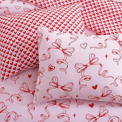 Full Size Comforter Set for Girls, Red Bow Bedding Set Reversible with Cute Heart, All Season Kids Bed in a Bag 7 Pieces with Sheets, Pillowcases & Shams