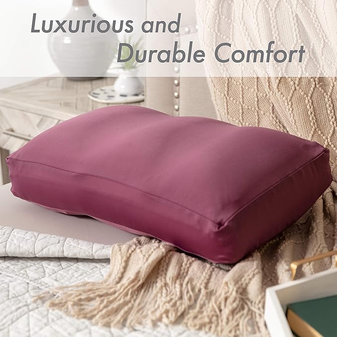 PILLOWY Premium Microbead Bed Pillow, X-Large Extra Fluffy But Supportive - Ultra Comfortable Sleep with Silk Like Anti Aging Cover 85% Spandex/ 15% Nylon Breathable, Cooling Burgundy Merlot
