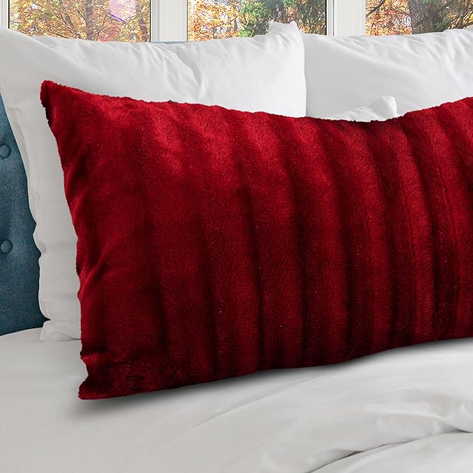 Cheer Collection Faux Fur Long Body Pillow - Accent Throw Pillow for Bed and Couch - Decorative Lumbar Pillow with Insert, Maroon (18" x 40")