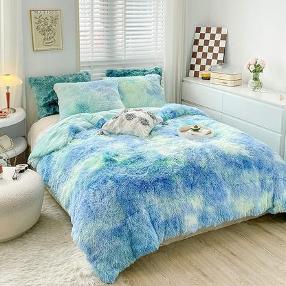 Wajade Faux Fur Plush Tie Dye Blue Green Comforter Set Fluffy Fuzzy Shaggy Bedding Set - 3PC Full/Queen Microfiber Soft Warm Quilt Set