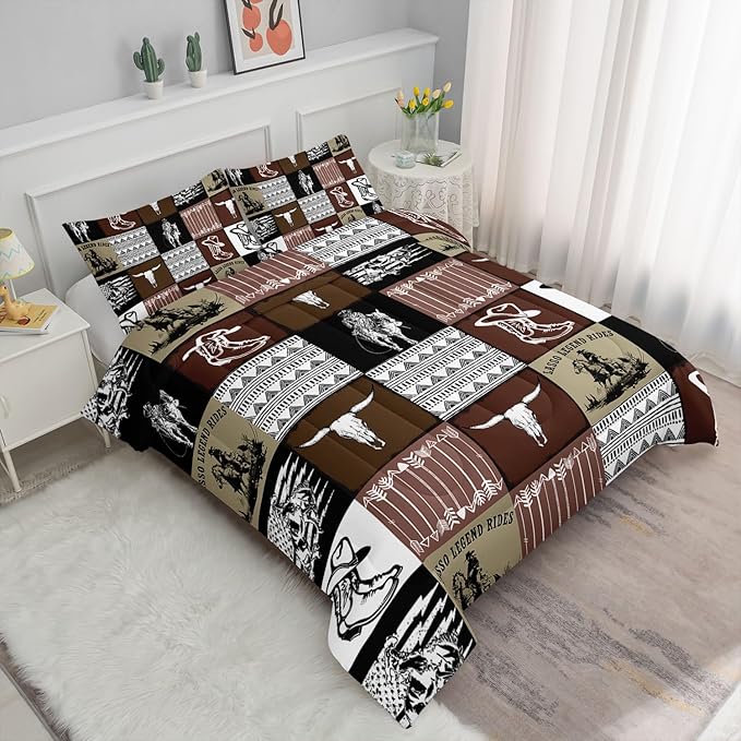 Western Cowboy Comforter Set Bull Skull Horse Printed Bedding Set with 1 Comforter and 2 Pillowcases for Boys and Girls Bedroom All Season(Cowboy-2 Queen)