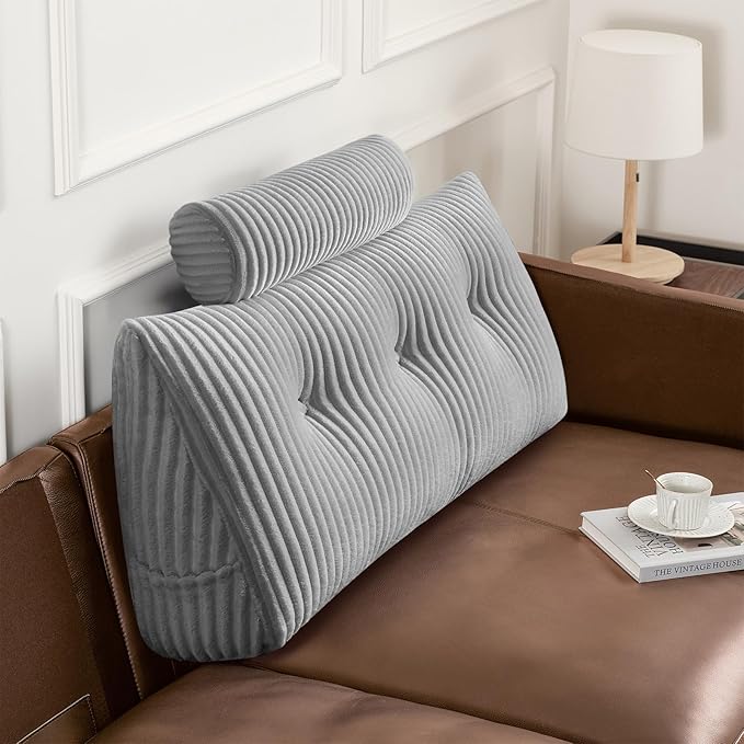 Z-hom Large Wedge Pillow Headboard, Twin Triangular Headboard Pillow, Reading Pillow Bed with a Roll Pillow for Bed Sitting Up Sleeping, Backrest Cushion Headboard Gap Pillow for Back, Light Gray
