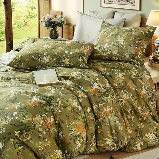 100% Cotton Duvet Cover King Size – Vintage Olive Green Floral Duvet Cover Set with Zipper Closure, 3-Piece Soft Breathable Natural Premium Cotton Bedding Set for All Seasons