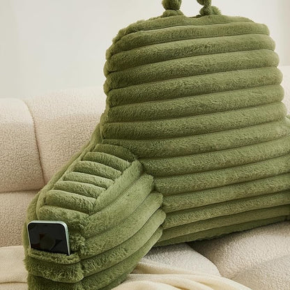 WERDIM Reading Pillow for Sitting in Bed, Faux Fur Back Pillow for Rest, Bed Chair Pillow with Arms and Pockets(XLarge, Sage)