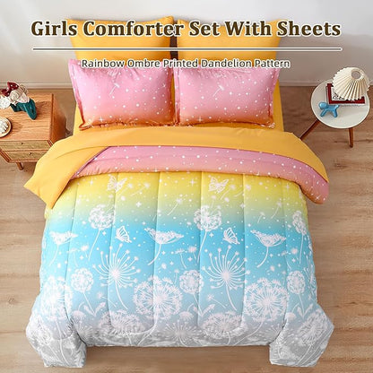 Menghomeus Girls Bed in A Bag Twin Size 5 Pieces Comforter Set for Teen Ombre Rainbow Bedding Set Dandelion Butterfly Print Kids Bedding Collections