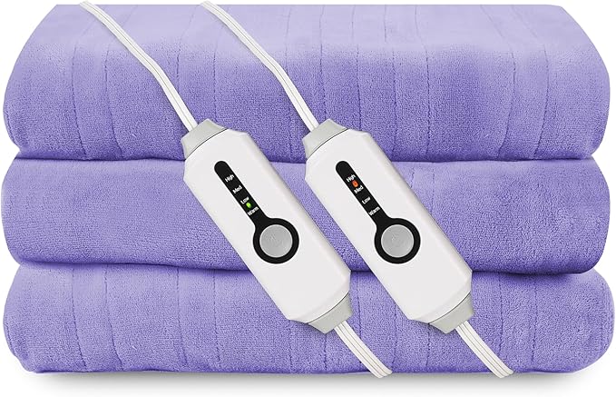 Electric Heated Blanket 90"x100" King Size, Soft Coral Fleece, Dual Controllers with 4 Heating Levels and 10 Hours Auto-Off, Machine Washable, Cozy Plush Fabric for Home, Light Purple