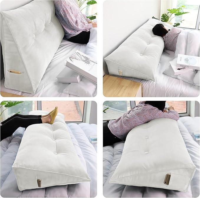 WOWMAX 100% Cotton Velvet Headboard Pillow – Twin Size Wedge Back Support Reading Bolster for Bed & Daybed, Handmade Firm Support Cushion with Removable Cover, Soft Luxury Bed Rest Pillow, White