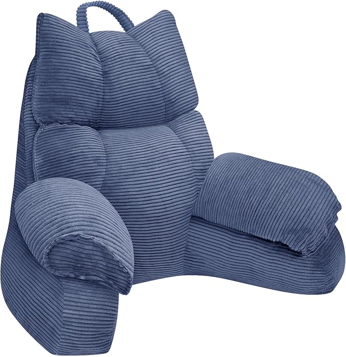RRPAHWTV Reading Pillow for Bed with High Arm Rests,Back Support Pillow for Sitting Up in Bed with Shredded Memory Foam for Reading, TV, Gaming or Relaxing on Floor（Dark Blue, Small）