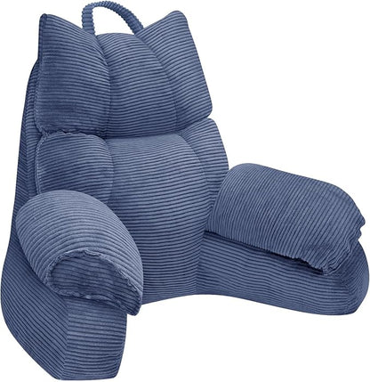 RRPAHWTV Reading Pillow for Bed with High Arm Rests,Back Support Pillow for Sitting Up in Bed with Shredded Memory Foam for Reading, TV, Gaming or Relaxing on Floor（Dark Blue, Small）