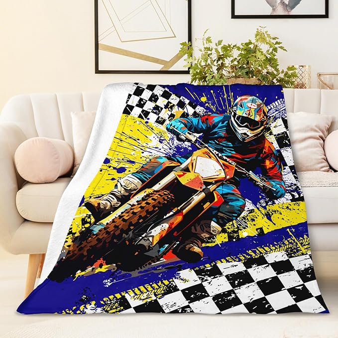 Boys Blanket Gifts Dirt Bike Blankets for Kids Teens Adults - 60" x 80" Cool Car Themed Motorcycle Soft Lightweight Flannel Throws for Couch, Sofa, Bed, Bedroom Decor