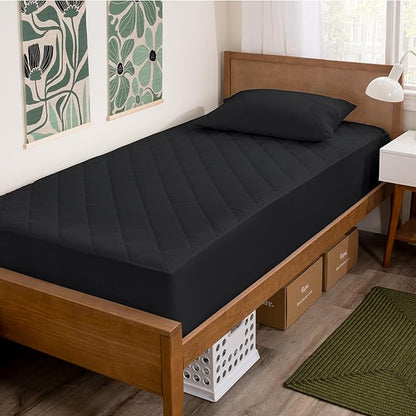 Bare Home Twin Quilted Fitted Mattress Pad - Cooling Mattress Cover - Easily Washable - Elastic Fitted Cover for Mattress - Stretch-to-Fit up to 15 Inches Deep (Twin, Black)