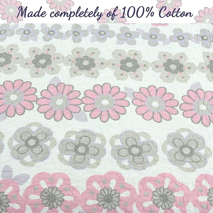 Cozy Line Home Fashions Light Purple Lavender Pink Floral 100% Cotton Reversible Quilt Bedding Set, Bedspread, Coverlet for Girls (Lilac Flower, Twin - 2 Piece)
