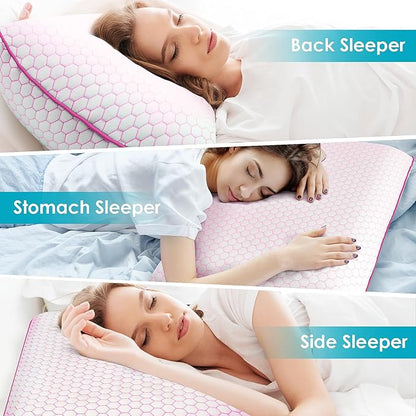 Memory Foam Pillows for Side, Back and Stomach Sleepers, Set of 2, Bed Pillow with Washable Cover and Breathable Mesh, Bed Pillow for Sleeping (Pink，Standard Size)