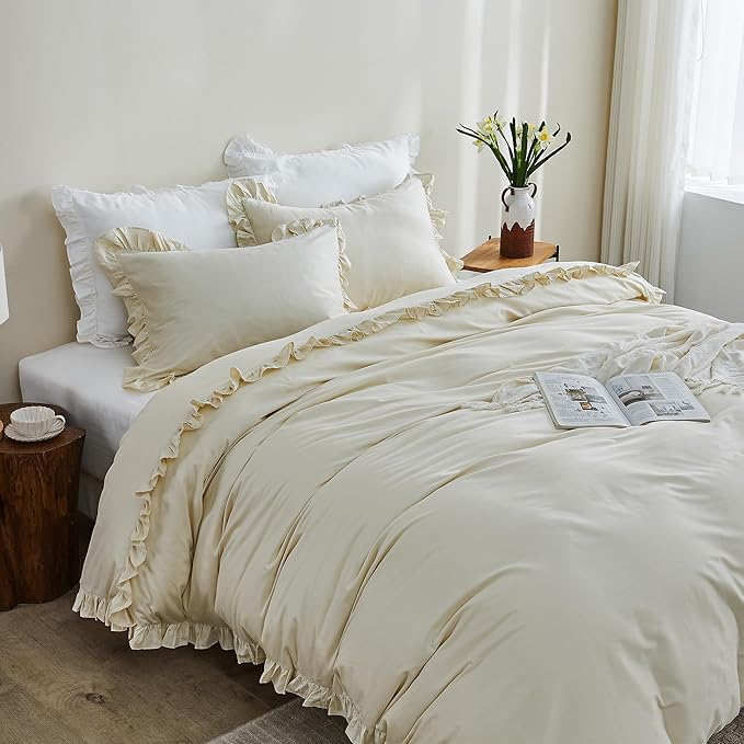 Simple&Opulence Kids 100% Organic Cotton Full Duvet Cover Ruffle 3Pcs(1 Comforter Cover 2 Pillowcases) Cute Lace Vintage Boho Shabby Chic Farmhouse Bedding Set Teen Girls(Beige, Full)