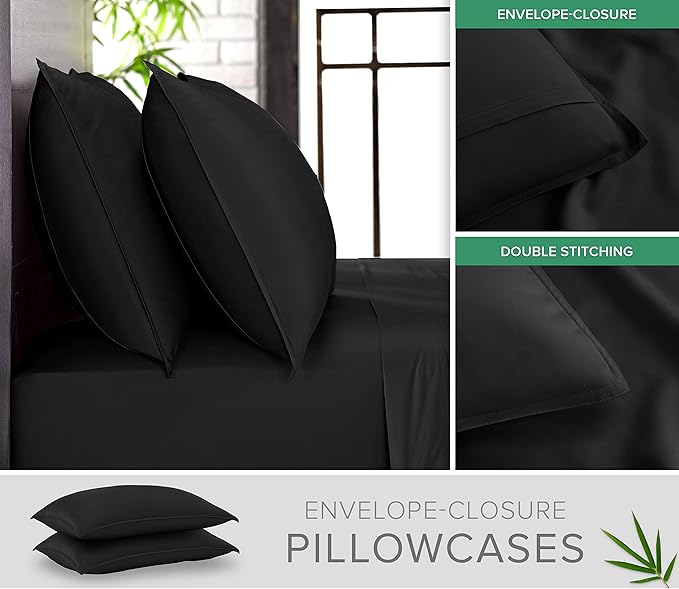 Pure Bamboo Queen Sheets, Genuine 100% Organic Viscose Derived from Bamboo Bed Sheet Set, Luxuriously Soft & Cooling, Double Stitching, 2 Year Quality Promise (Queen, Black)