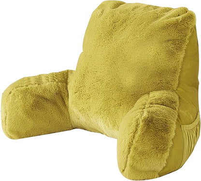 Plush Faux Fur Backrest Reading Bed Rest Pillow with Arms and Pockets for Sitting in Bed Couch Sofa, Back Support Wedge Cushion with Removable Cover, 20" x 18" x 17", Mustard Yellow
