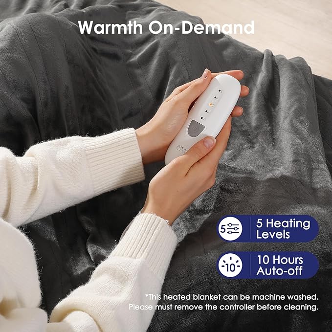 Heated Blanket Full Size Electric Blanket 72" X 84" with 5 Heating Level & 10 Hour Auto Off, Ultra-Warm Selected Flannel Heating Blanket for Adults, Machine Washable, Gifts for Grandma(Charcoal Grey)