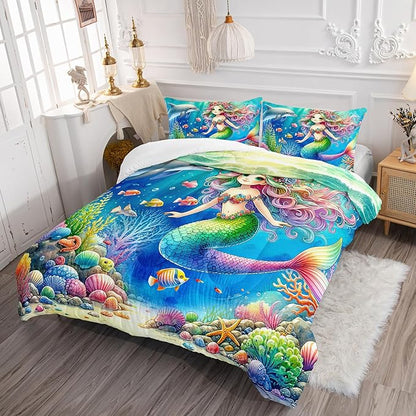 Cute Mermaid Comforter Set Twin Size, Dolphin Coral Seaweed Fish Ocean Theme Bedding Set, Colorful Romantic Room Decor for Girls