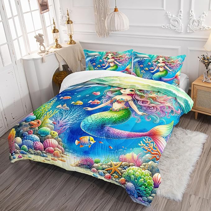 Cute Mermaid Comforter Set Queen Size, Dolphin Coral Seaweed Fish Ocean Theme Bedding Set, Colorful Romantic Room Decor for Girls