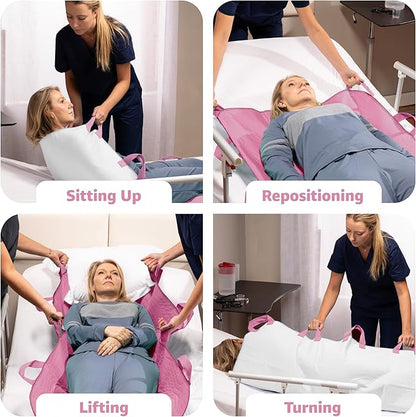 Improvia Positioning Bed Pad, with 8 Reinforced Handles, Quick-Drying, Washable, Waterproof, for Lifting, Turning, Transfering, Elderly and Incontinence Patients (Pink, Pack of 2)