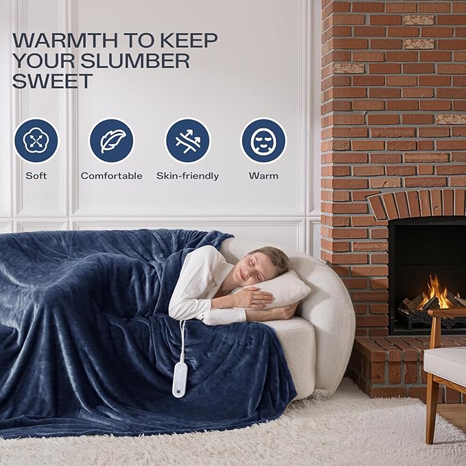 Electric Blanket Full Size 72"x84", Heated Blanket with 8 Heat Settings & 10 Hours Auto-Off, Navy Blue Double-sided Flannel Blanket, Heating Blanket for Bed, Full Body, Machine Washable, ETL Certified
