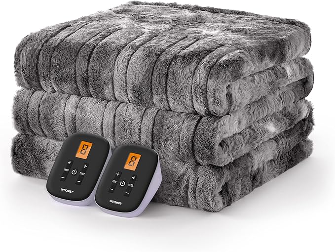 WOOMER Heated Blanket Queen Size 84" x 90", Electric Blanket with 0.5-12 Hours Timer & 10 Heating Levels, ETL Certified, Marble Gray Double-Sided Faux Fur, Machine Washable