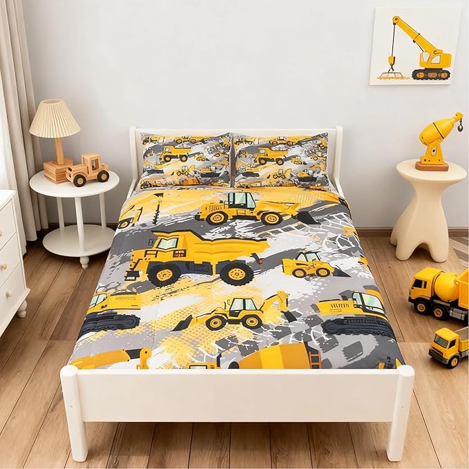 Feelyou Kids Construction Comforter Set Toddler Size Bedding Sets for Boys Children Cartoon Excavator Tractor Comforter Set Construction Machinery Truck Duvet Set Baby Boys Vehicles Cars Bed Set