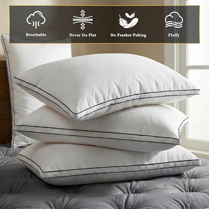 Feather Pillows Queen Size Set of 2 Goose Down Pillows with 100% Breathable Cotton Cover, Hotel Collection Bed Pillows for Sleeping, Soft Support for Back, Stomach and Side Sleepers