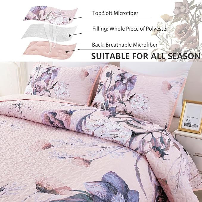 Floral Quilt Set King 3 Pieces Pink Floral Quilt Coverlet Set Soft Microfiber Lightweight Pink Quilted Bedspread for All Season 104"x90"