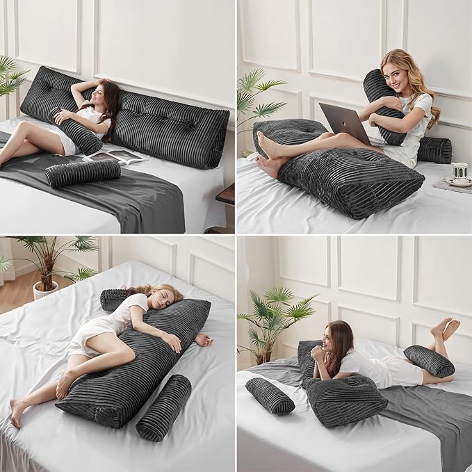 Z-hom Large Wedge Pillow Headboard, Full Triangular Headboard Pillow, Reading Pillow Bed with a Roll Pillow for Bed Sitting Up Sleeping, Backrest Cushion Headboard Gap Pillow for Back,Grey
