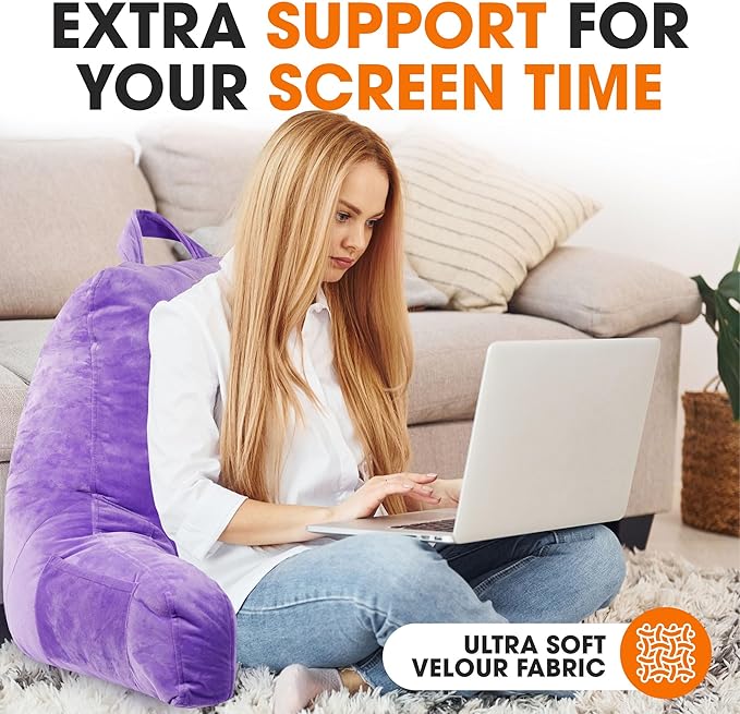 Cheer Collection Reading Pillow with Arms – Portable Bed Pillow for Sitting Up & Support, Foam-Filled Back Rest Pillow for Sitting in Bed & Couch, Machine Washable Purple (Large)